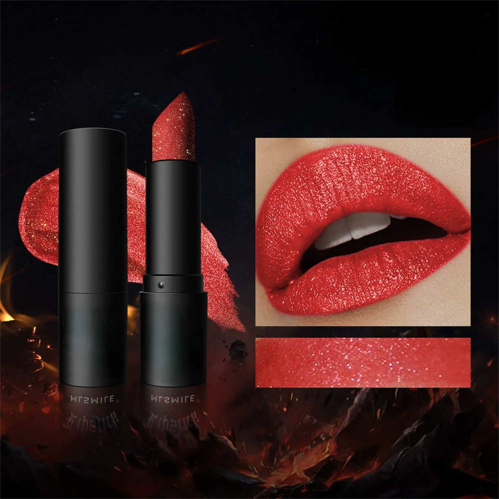 Bold red glitter lipstick with sparkling red lip makeup look