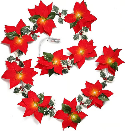 32.8 FT Lighted Christmas Poinsettia Garland with Red Flowers & Berries, Battery-Operated Holiday String Lights for Xmas & New Year Home Decor