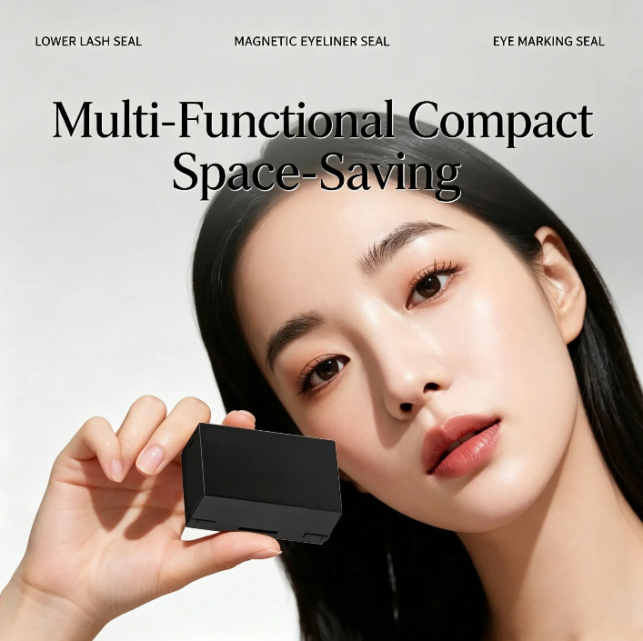 Compact black eye makeup stamp kit held in one hand