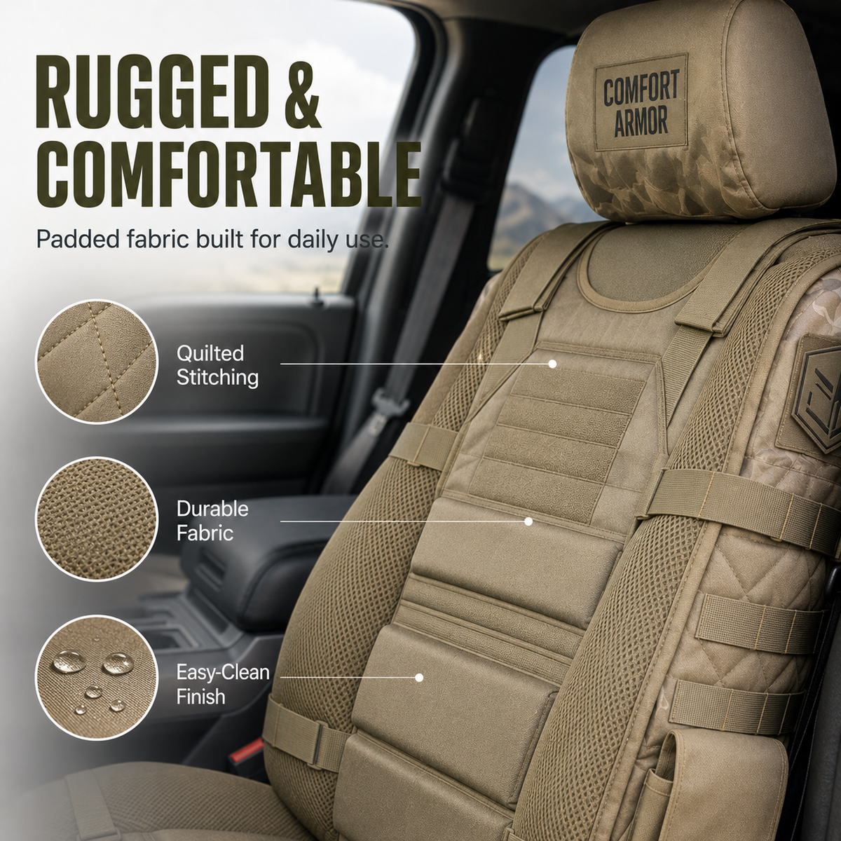 Close-up view of quilted stitching durable fabric and easy-clean finish
