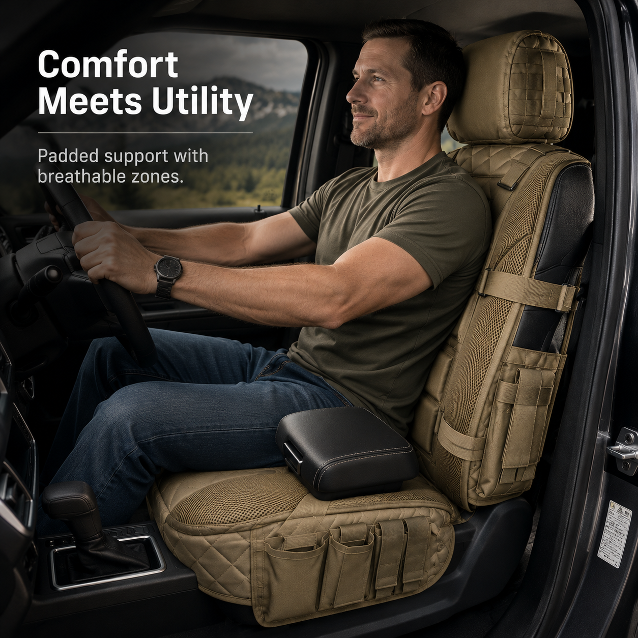 Driver seated on GearGuard tactical seat cover with padded and breathable zones
