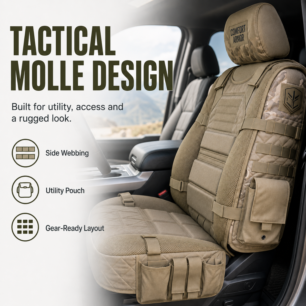 Tactical MOLLE seat cover with side webbing utility pouch and gear-ready layout