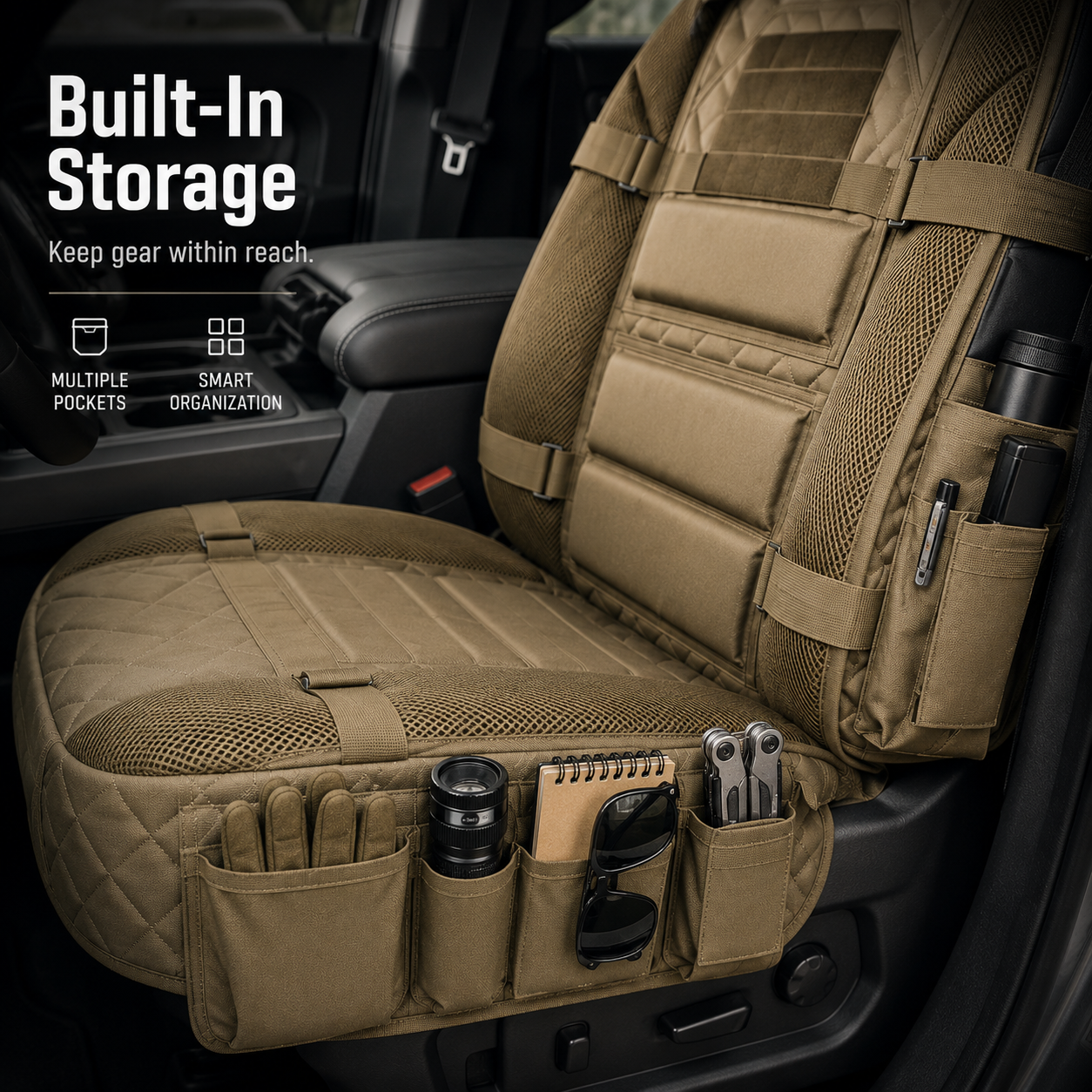 Built-in seat cover storage pockets holding tools sunglasses notebook and accessories
