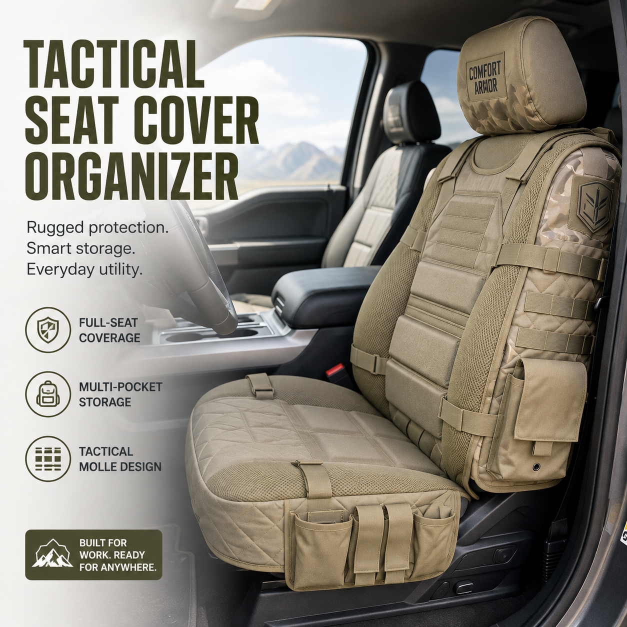 GearGuard tactical MOLLE car seat organizer installed on a tan vehicle seat
