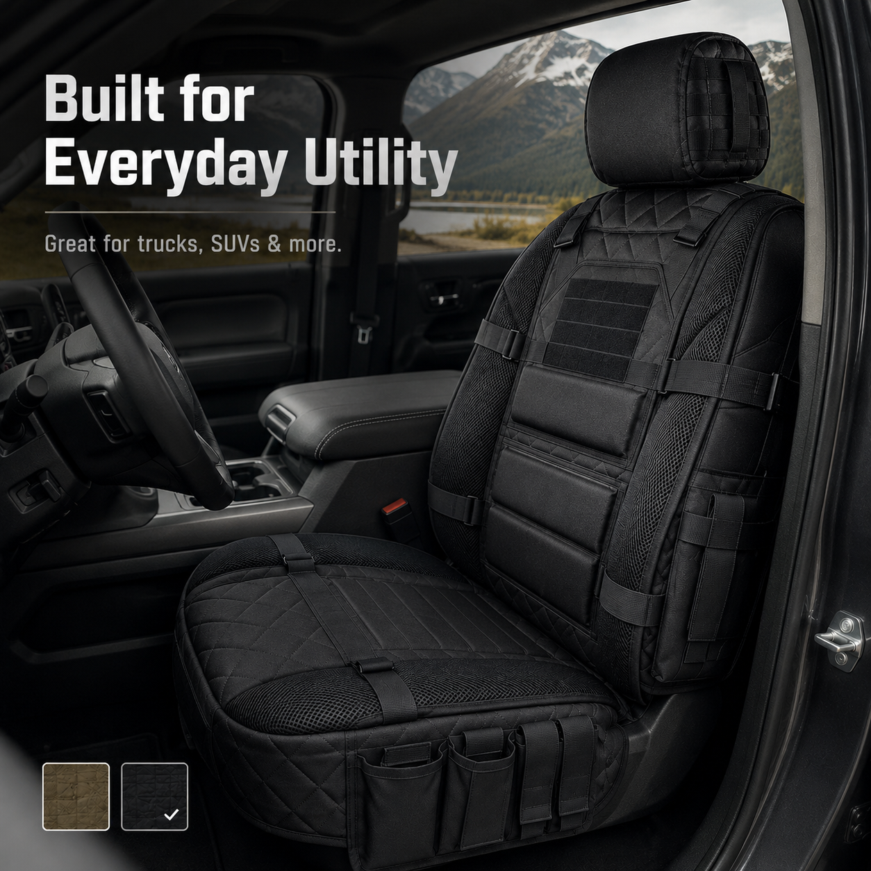Black GearGuard tactical car seat organizer installed in a vehicle