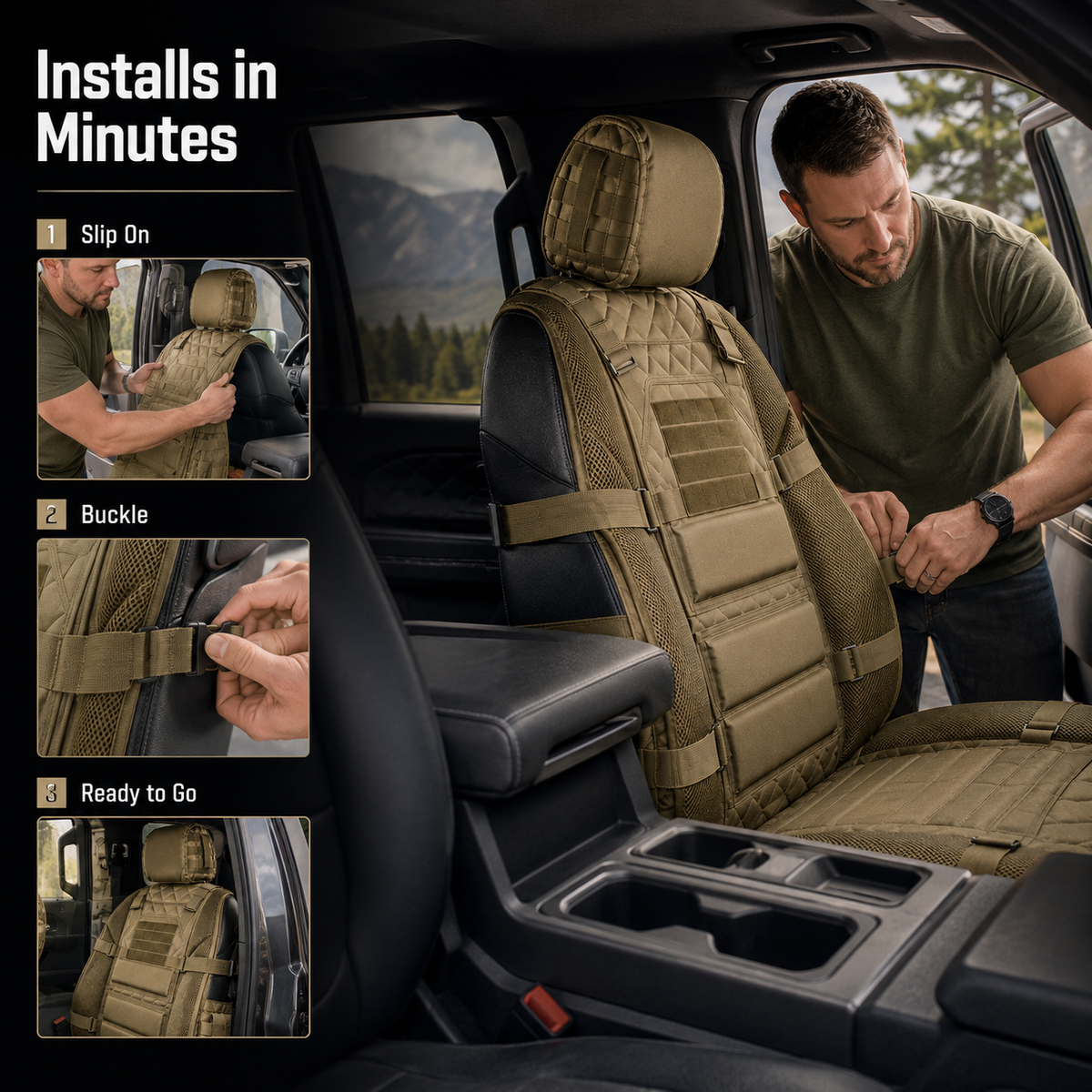 Three-step installation guide for GearGuard tactical car seat organizer