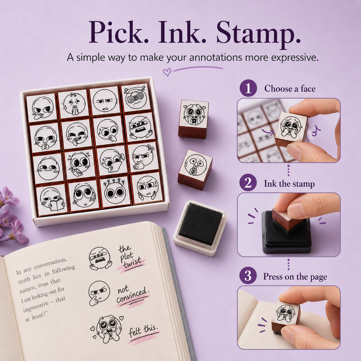 📚 BookMood™ Reaction Stamp Set – Cute Annotation Stamps for Readers & Journaling