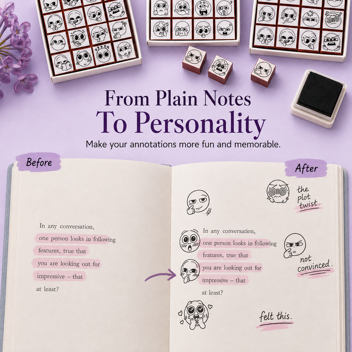 📚 BookMood™ Reaction Stamp Set – Cute Annotation Stamps for Readers & Journaling