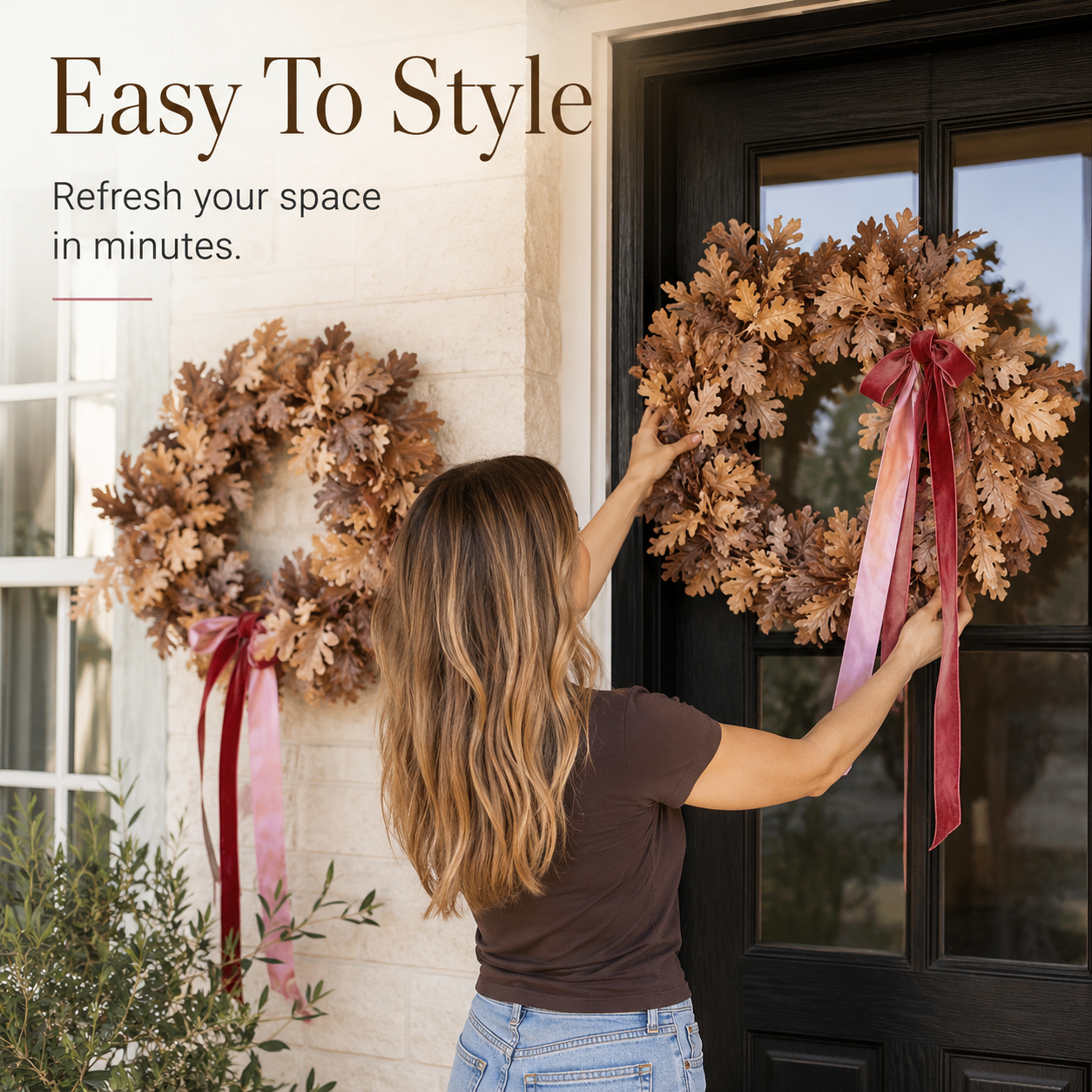 🍂 Set of 2 Autumn Leaf Wreaths With Ribbon – Fall Door Decor for Porch, Entryway & Home