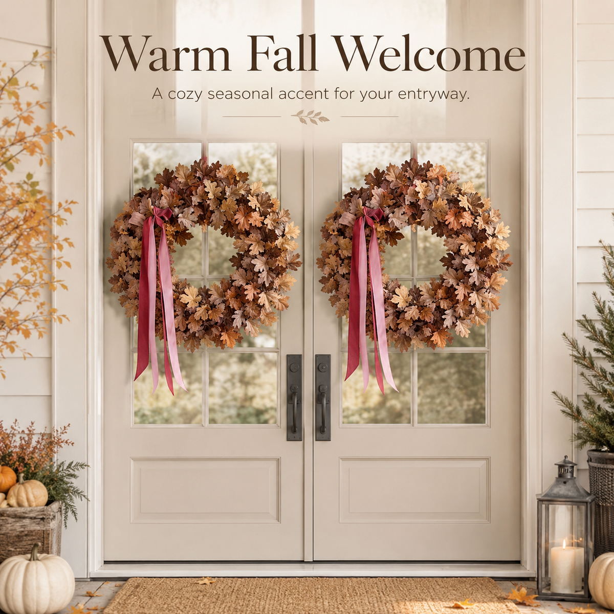 🍂 Set of 2 Autumn Leaf Wreaths With Ribbon – Fall Door Decor for Porch, Entryway & Home
