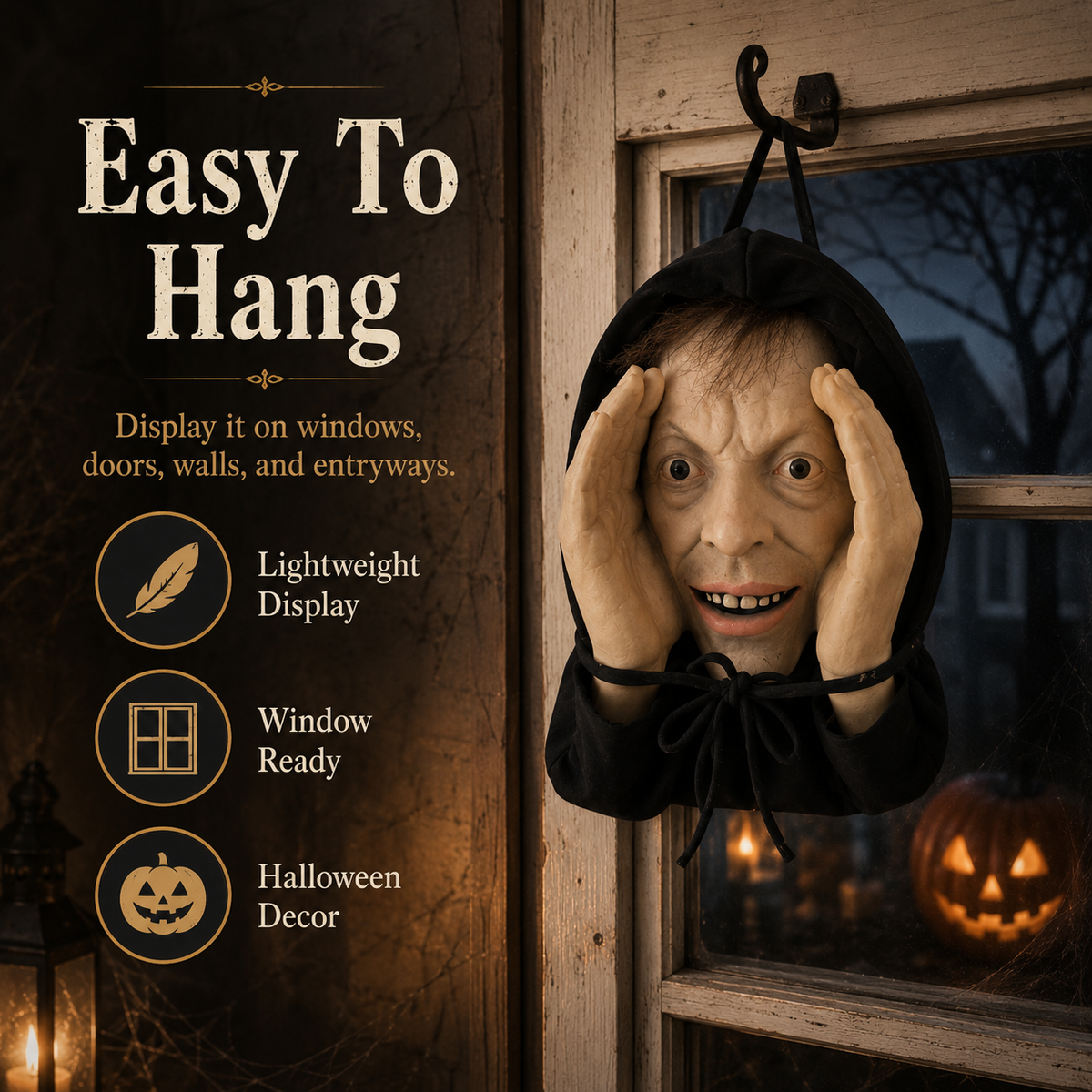 🎃 Creepy Hanging Halloween Face Decoration – 4 Spooky Styles for Window Pranks, Parties & Porch Decor