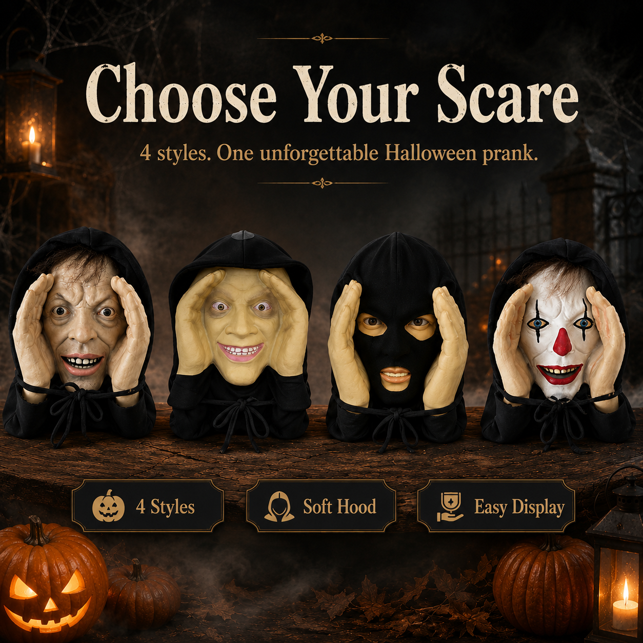 🎃 Creepy Hanging Halloween Face Decoration – 4 Spooky Styles for Window Pranks, Parties & Porch Decor