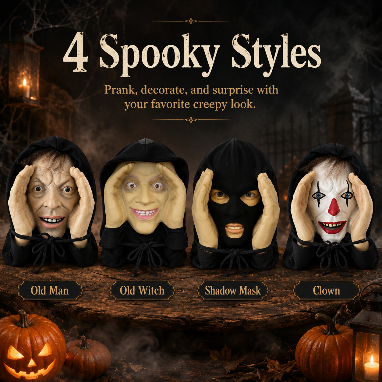 🎃 Creepy Hanging Halloween Face Decoration – 4 Spooky Styles for Window Pranks, Parties & Porch Decor