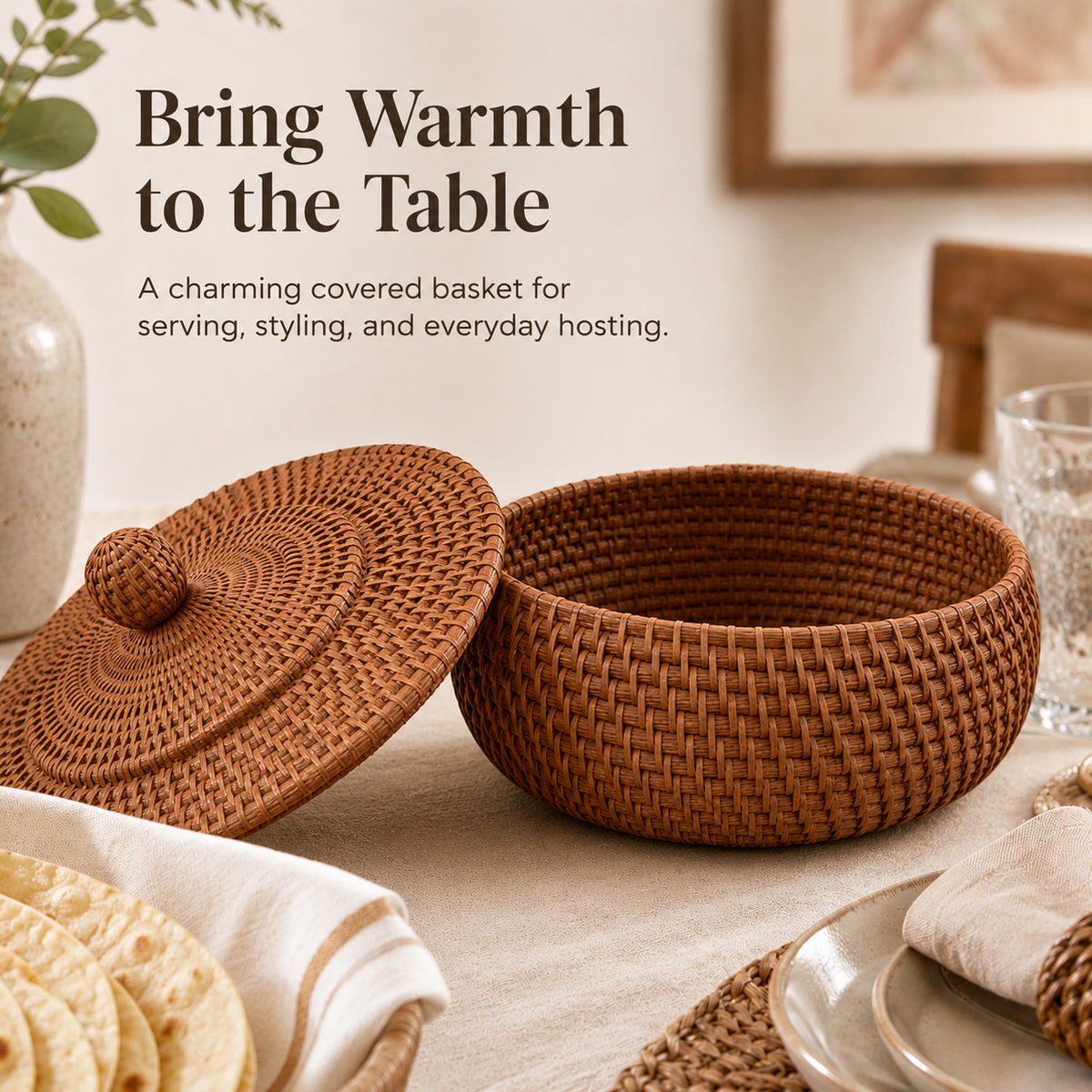 Woven tortilla basket with lid – Round covered bread & serving basket for tacos, flatbreads, rolls, brunch & dining table décor
