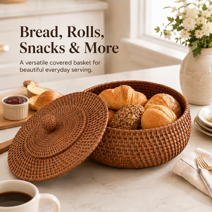 Woven tortilla basket with lid – Round covered bread & serving basket for tacos, flatbreads, rolls, brunch & dining table décor