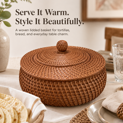 Woven tortilla basket with lid – Round covered bread & serving basket for tacos, flatbreads, rolls, brunch & dining table décor