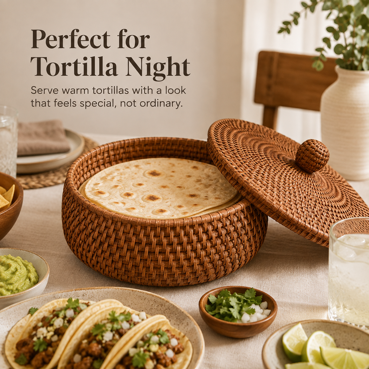 Woven tortilla basket with lid – Round covered bread & serving basket for tacos, flatbreads, rolls, brunch & dining table décor