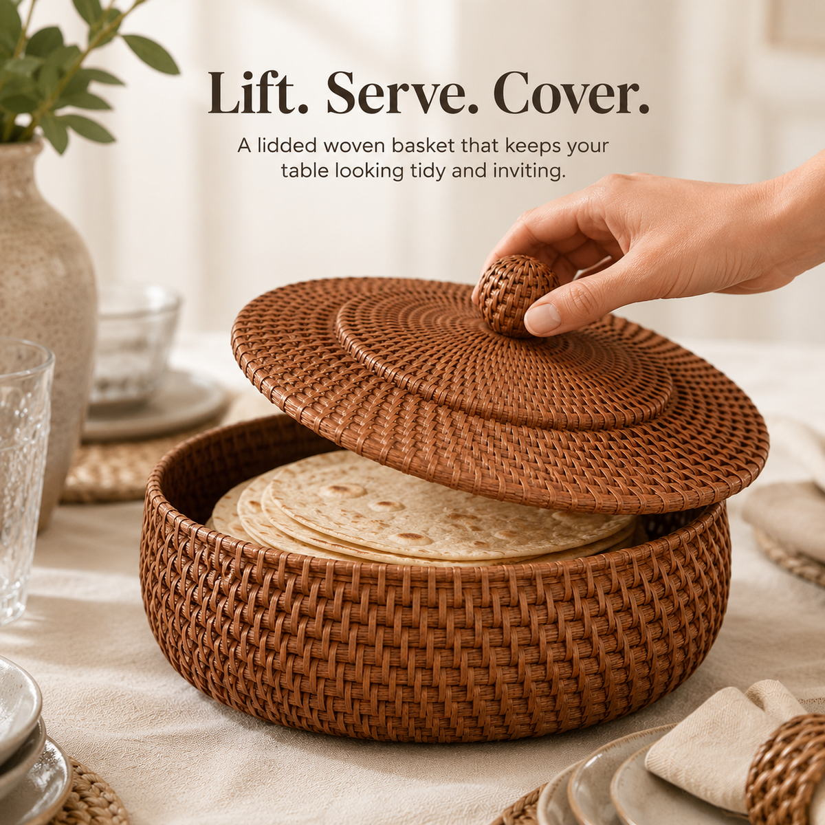 Woven tortilla basket with lid – Round covered bread & serving basket for tacos, flatbreads, rolls, brunch & dining table décor