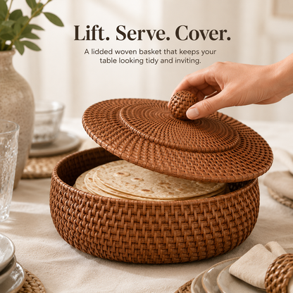 Woven tortilla basket with lid – Round covered bread & serving basket for tacos, flatbreads, rolls, brunch & dining table décor