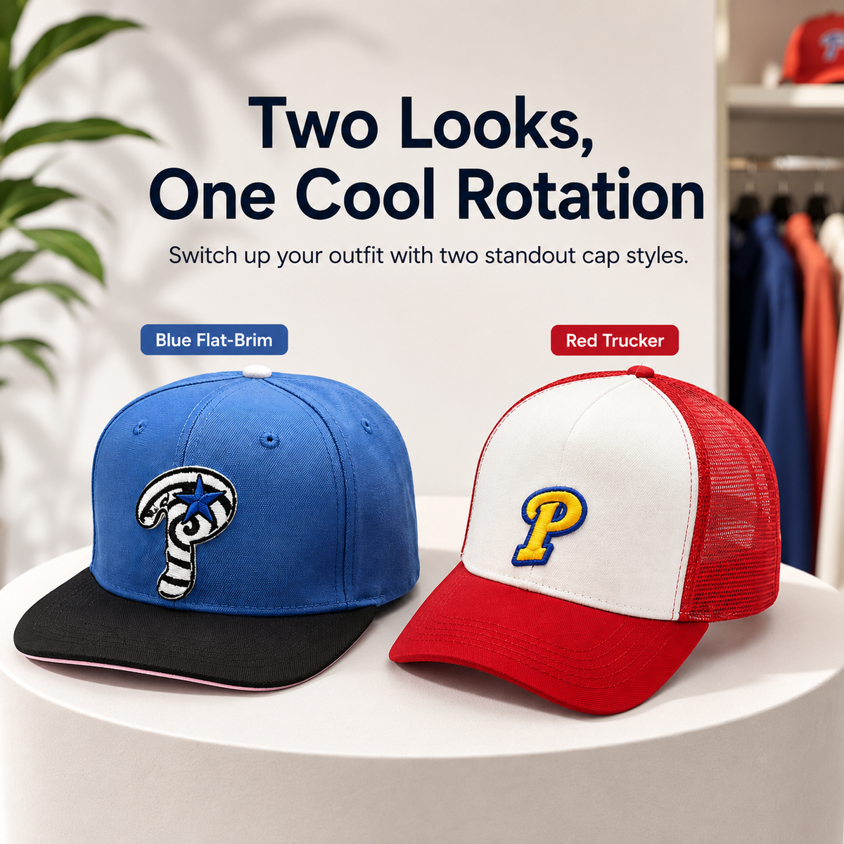 Embroidered Streetwear Cap – Blue Flat-Brim & Red Trucker Style