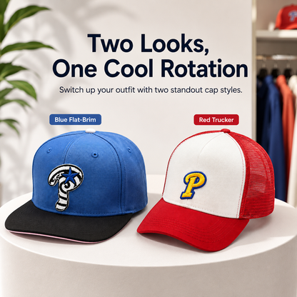 Embroidered Streetwear Cap – Blue Flat-Brim & Red Trucker Style