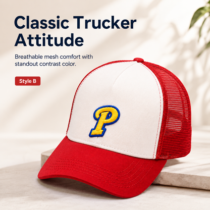 Embroidered Streetwear Cap – Blue Flat-Brim & Red Trucker Style