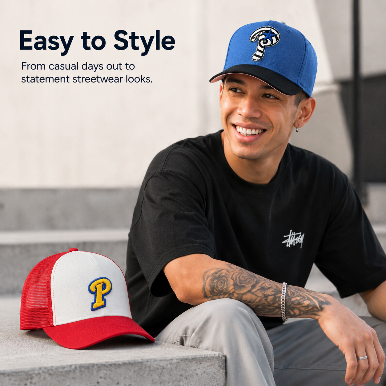 Embroidered Streetwear Cap – Blue Flat-Brim & Red Trucker Style