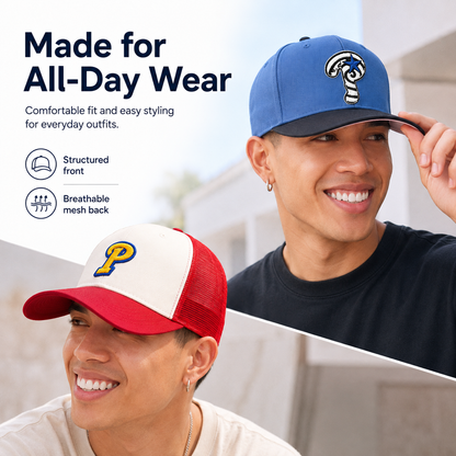 Embroidered Streetwear Cap – Blue Flat-Brim & Red Trucker Style