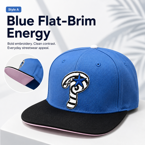 Embroidered Streetwear Cap – Blue Flat-Brim & Red Trucker Style