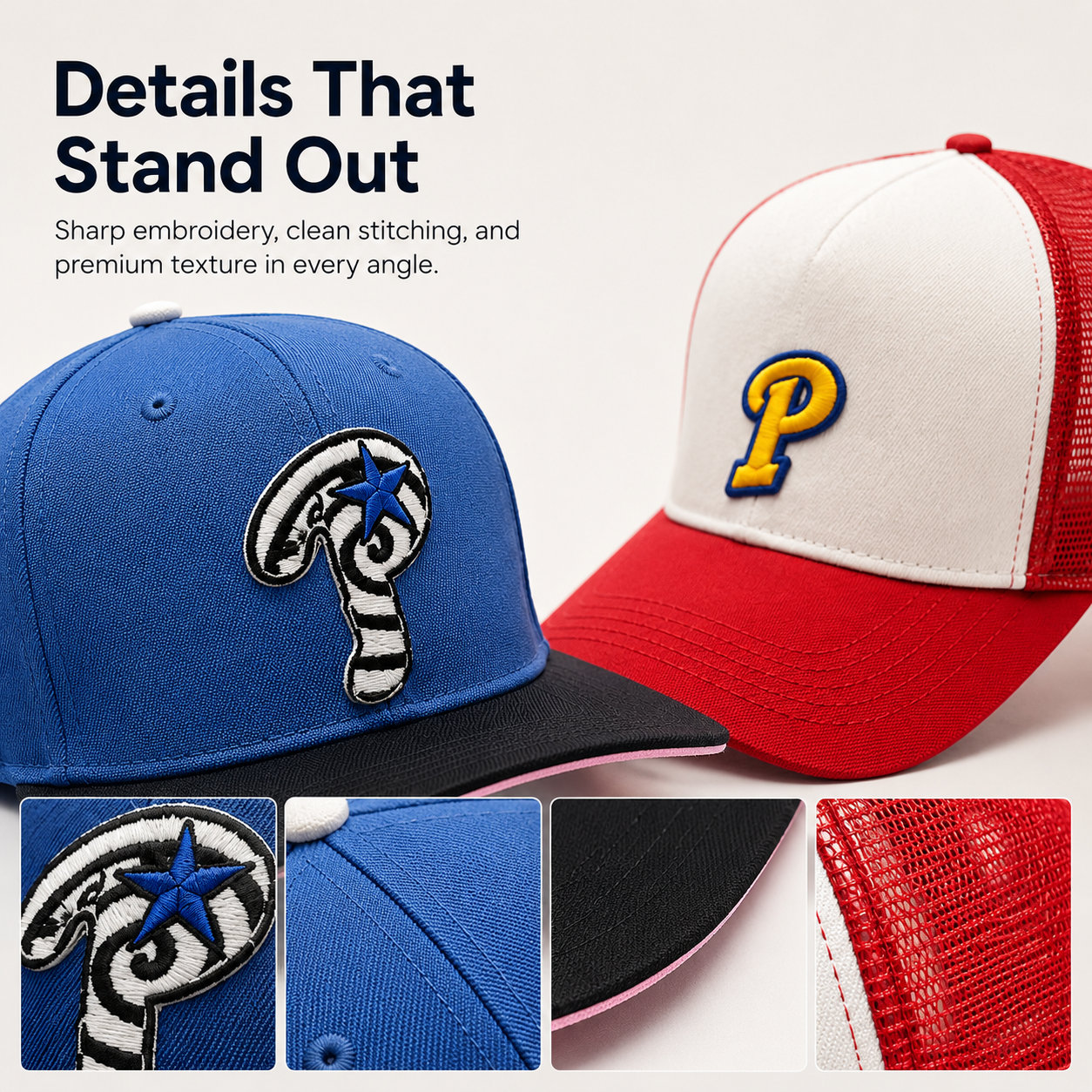 Embroidered Streetwear Cap – Blue Flat-Brim & Red Trucker Style