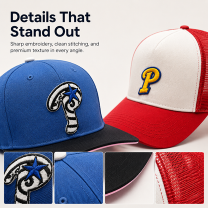 Embroidered Streetwear Cap – Blue Flat-Brim & Red Trucker Style