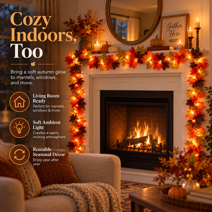 Lighted Maple Leaf Garland – Warm LED Fall Decor for Porch, Door & Mantel