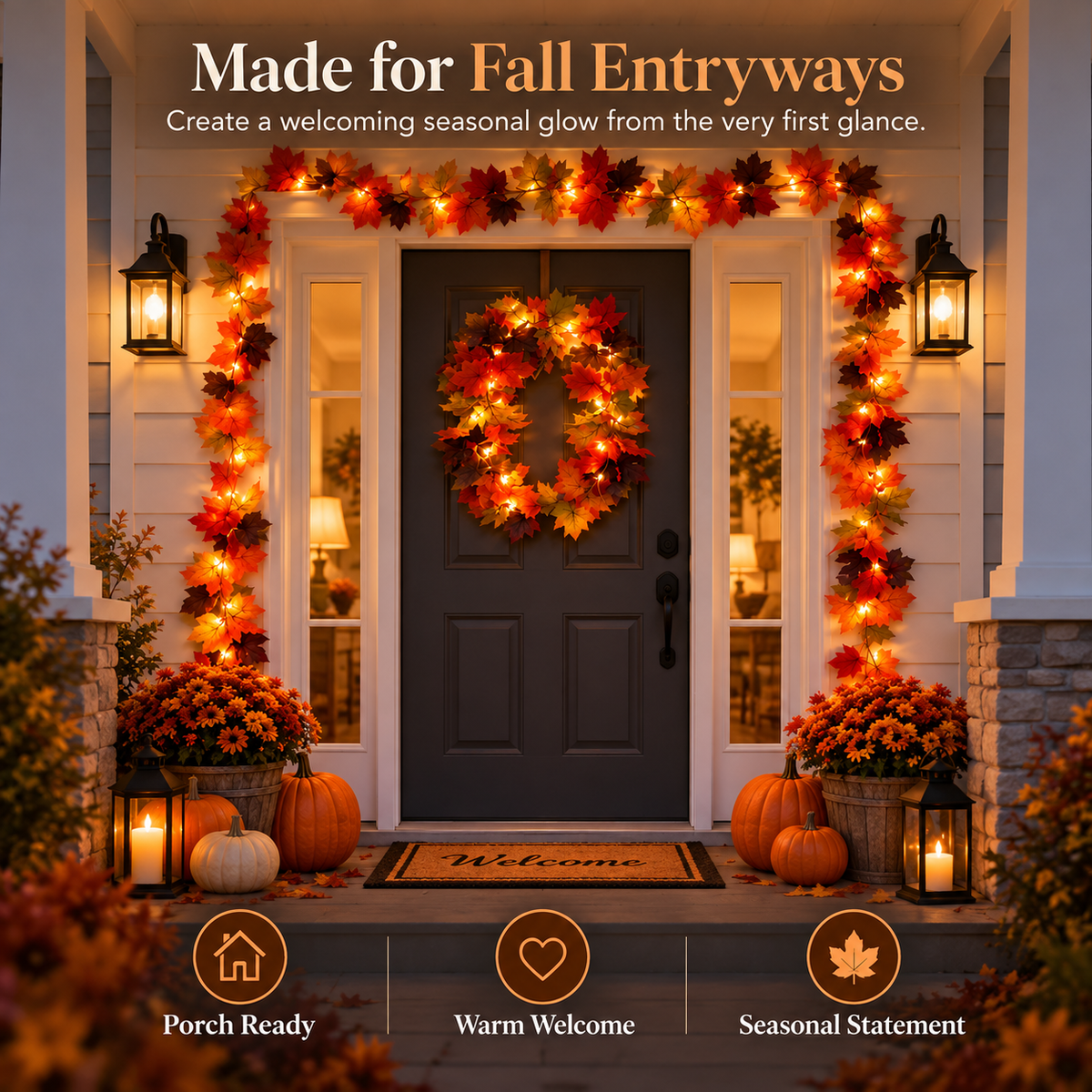 Lighted Maple Leaf Garland – Warm LED Fall Decor for Porch, Door & Mantel