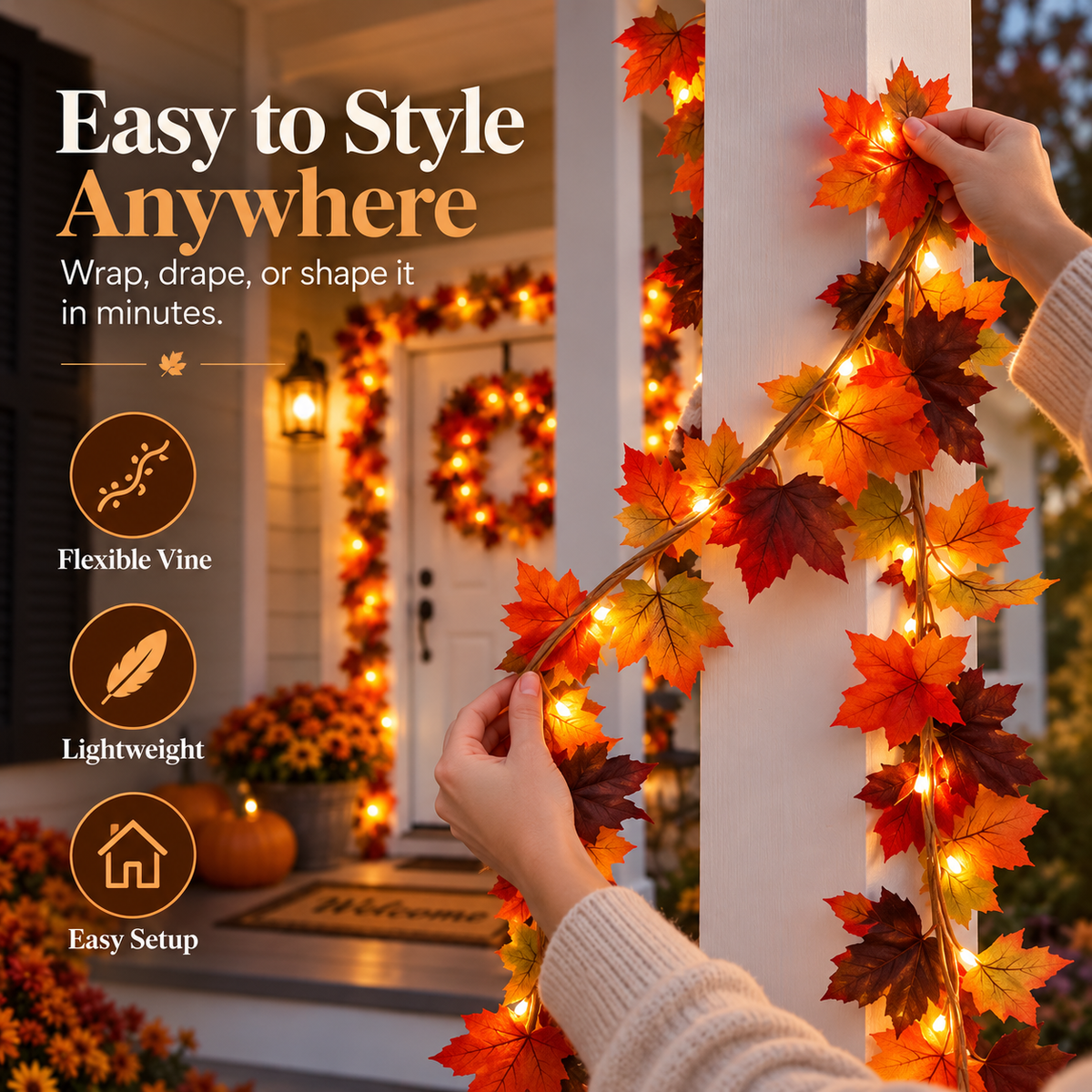 Lighted Maple Leaf Garland – Warm LED Fall Decor for Porch, Door & Mantel