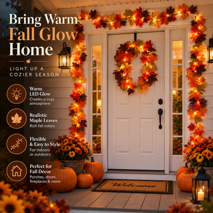 Lighted Maple Leaf Garland – Warm LED Fall Decor for Porch, Door & Mantel