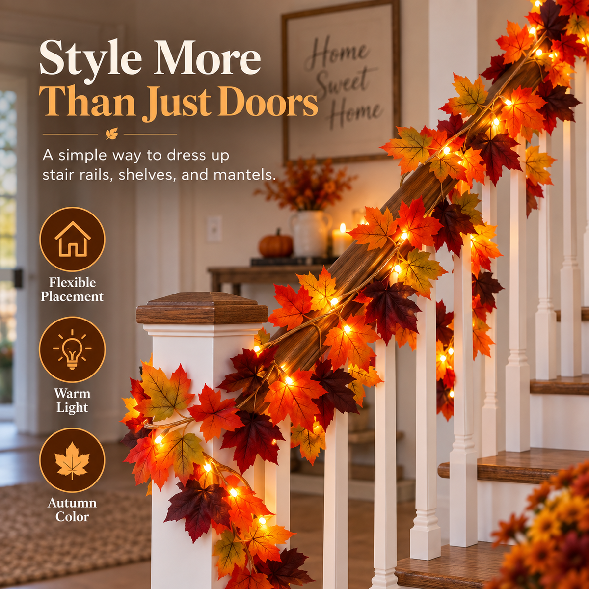 Lighted Maple Leaf Garland – Warm LED Fall Decor for Porch, Door & Mantel
