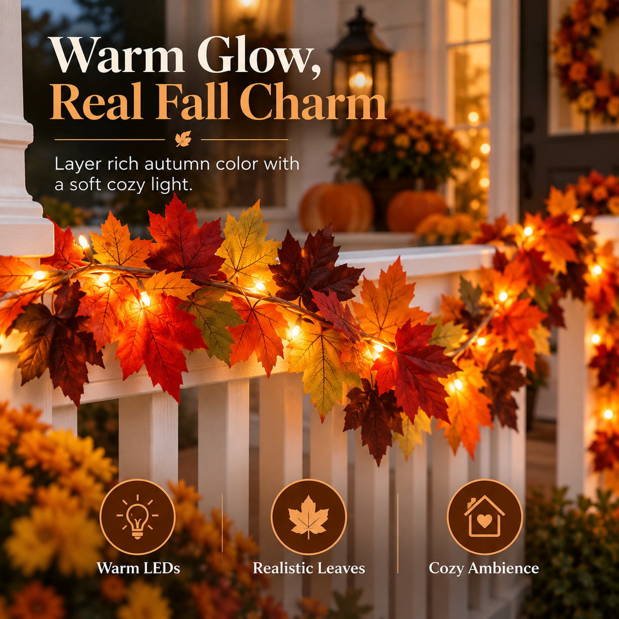 Lighted Maple Leaf Garland – Warm LED Fall Decor for Porch, Door & Mantel