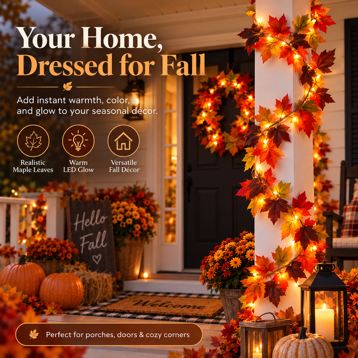 Lighted Maple Leaf Garland – Warm LED Fall Decor for Porch, Door & Mantel