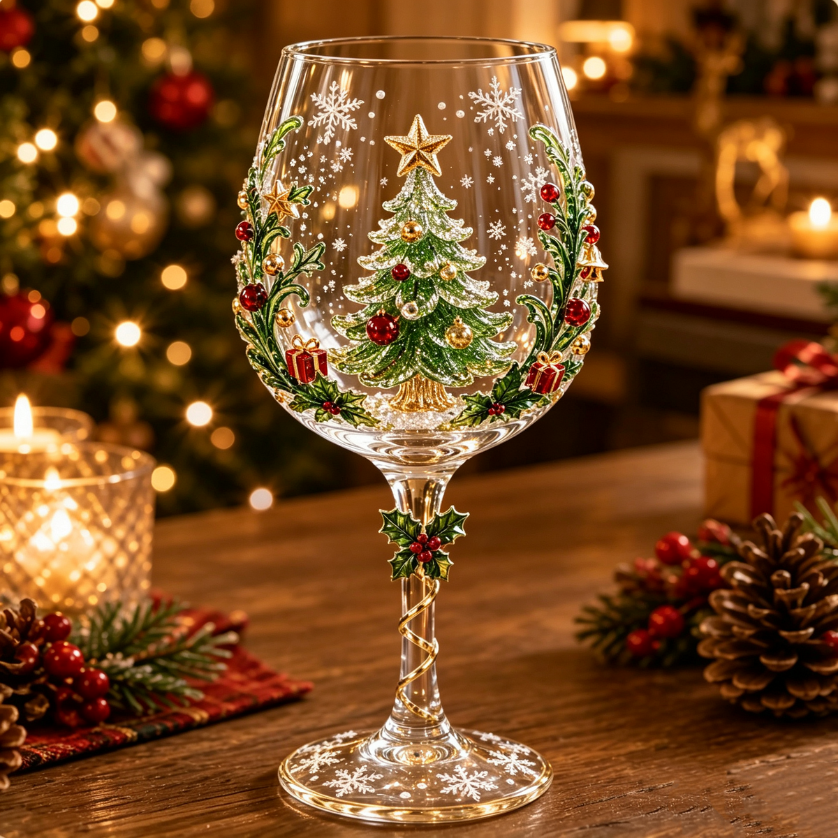 Christmas tree 3D decorated stemmed glass with green red and gold festive details