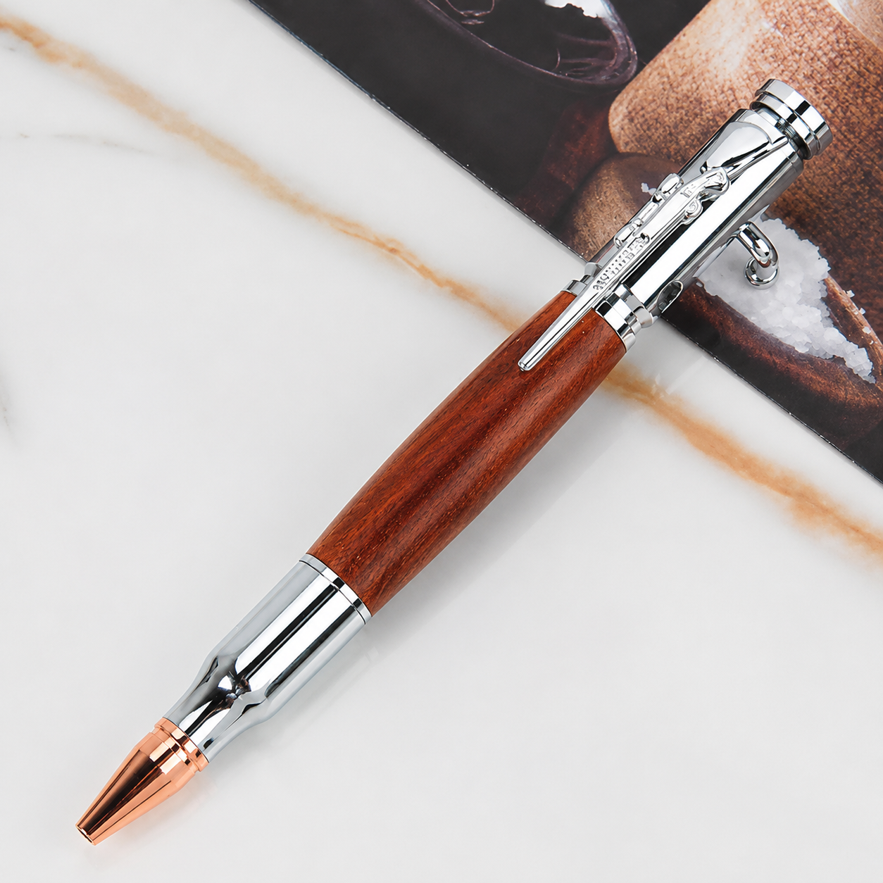 Silver finish bolt action wooden pen with polished metal fittings