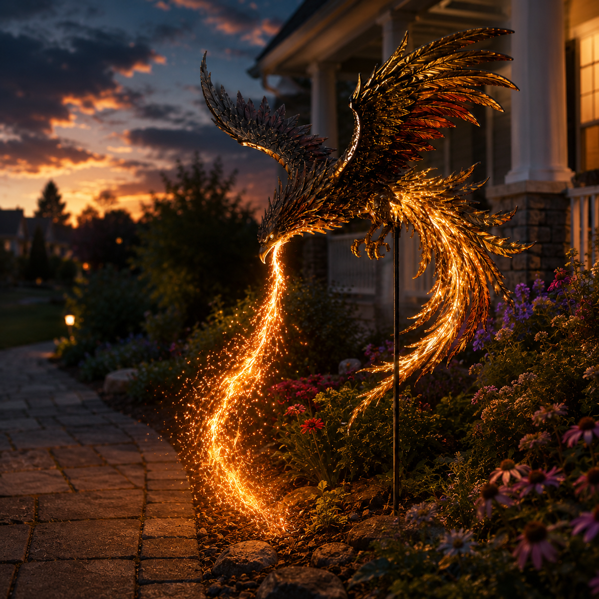 Pair of Solar Phoenix Fire Garden Lights creating a dramatic garden entrance