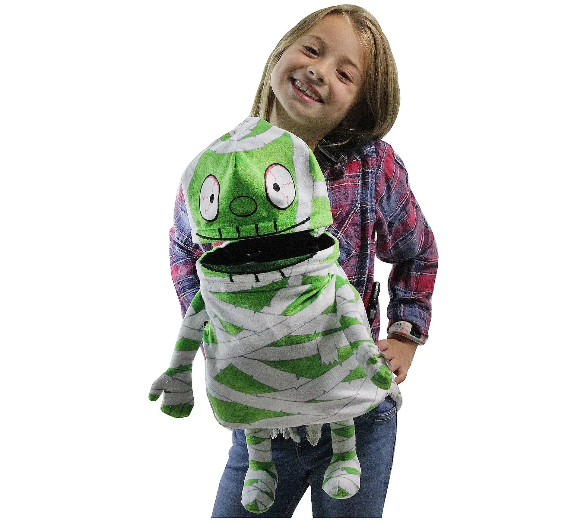 Green animated mummy candy bag with large opening mouth