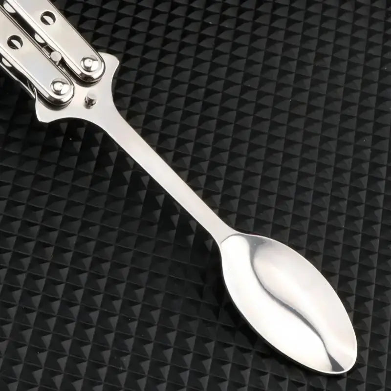 2 Pcs Butterfly Fork and Spoon Set, Tactical Butterfly Spoon Folding Stainless Steel Spork Utensil Set Balisong Trainer for Travel Camping Hunting BBQ Kitchen