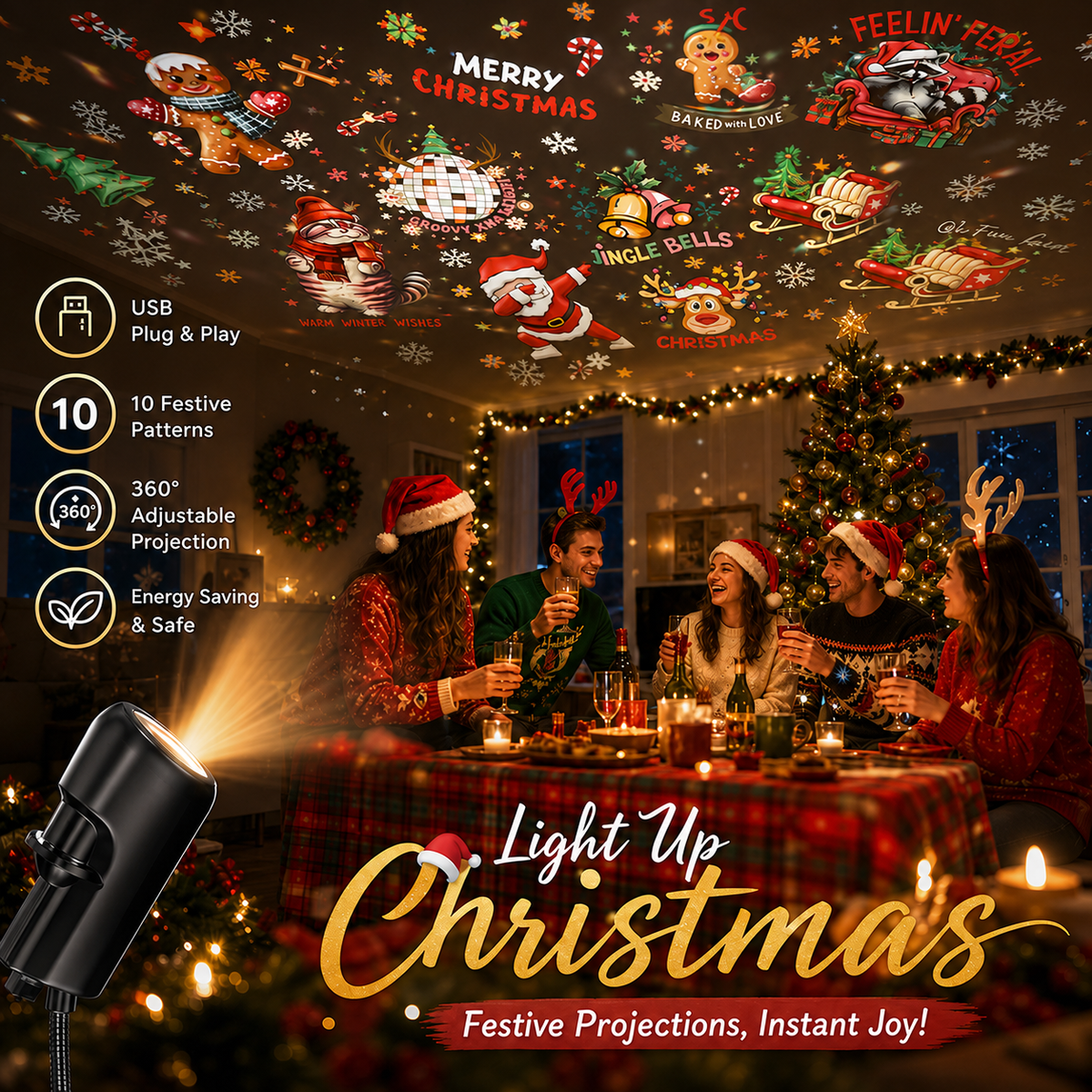 Christmas projector creating festive Santa gingerbread snowflake and holiday patterns
