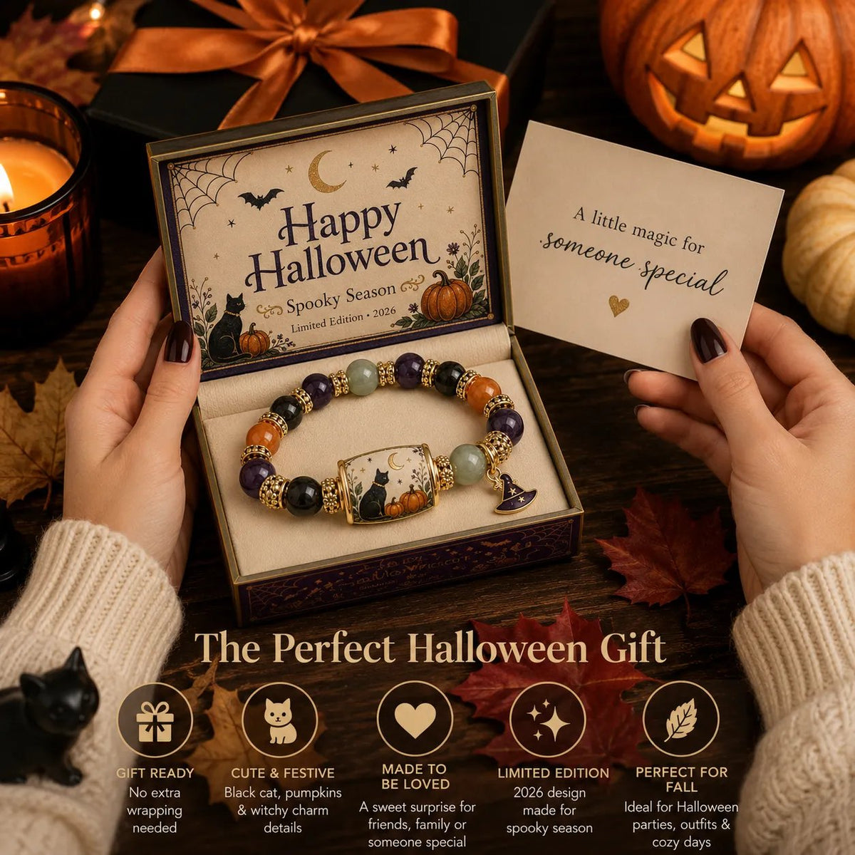 Halloween black cat pumpkin bracelet in gift box with seasonal message card