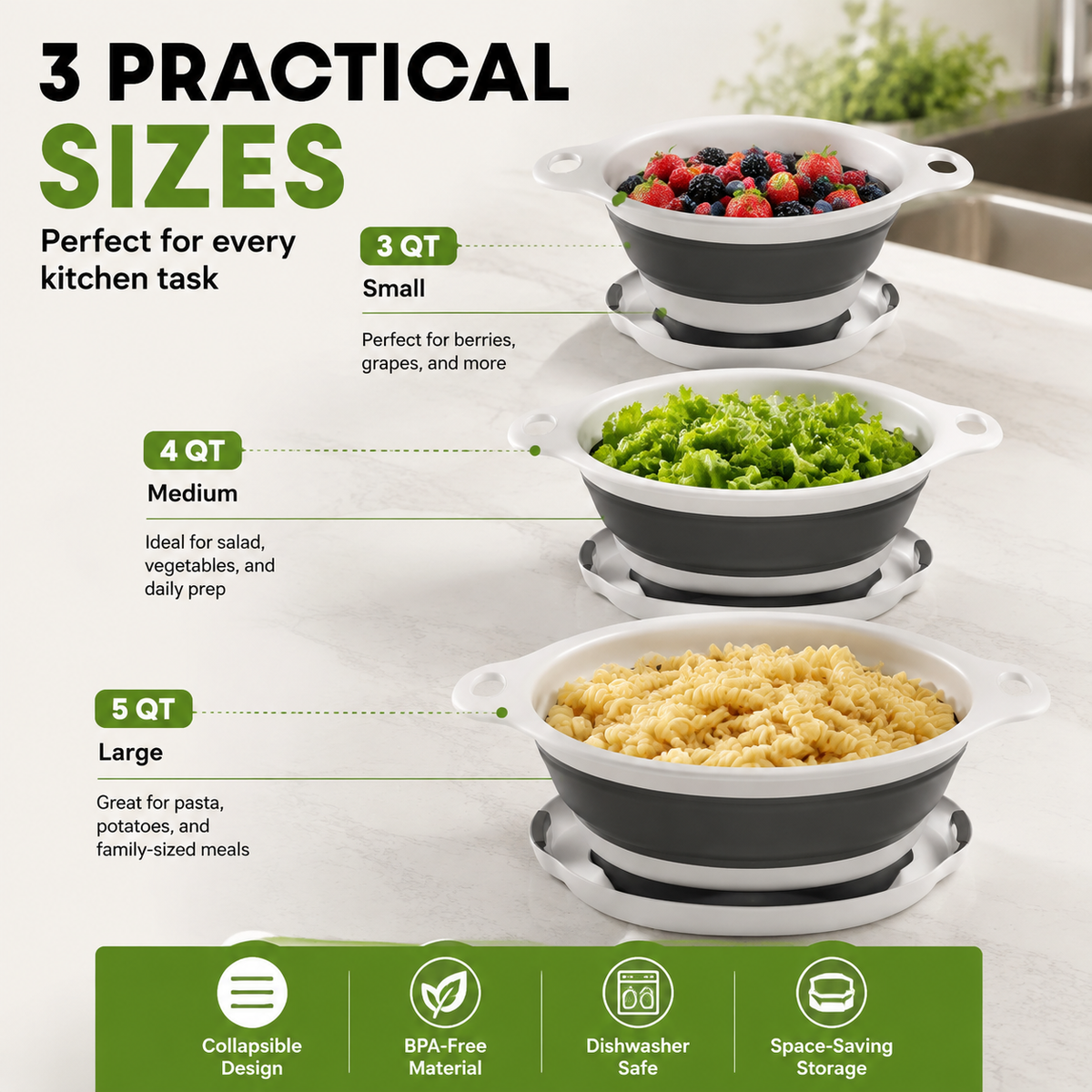3 QT 4 QT and 5 QT collapsible colander sizes
