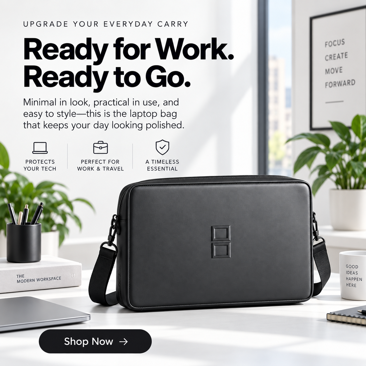 Black AeroVault Tech Bag displayed on a modern work desk