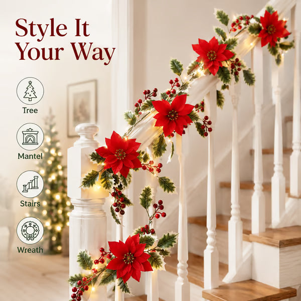 32.8 FT Lighted Christmas Poinsettia Garland with Red Flowers & Berries, Battery-Operated Holiday String Lights for Xmas & New Year Home Decor