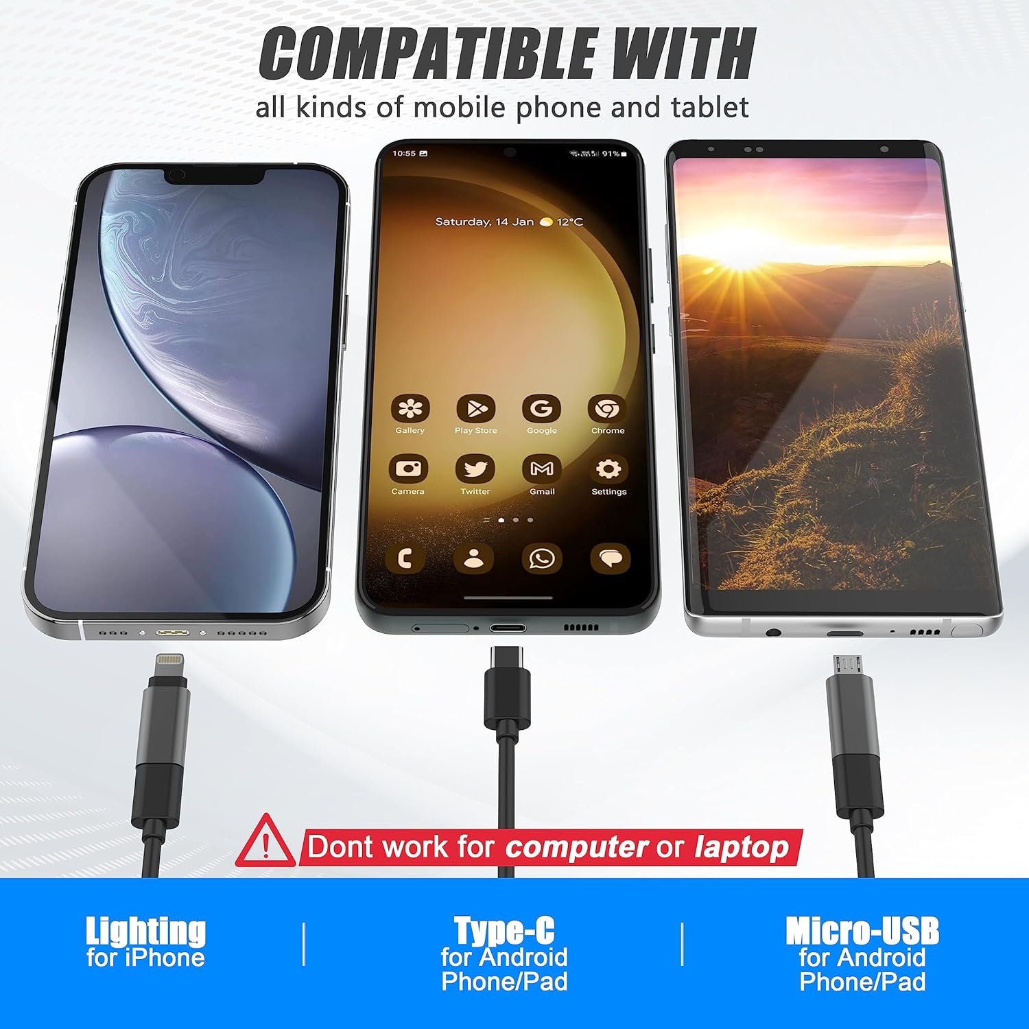 Endoscope camera connector compatibility with iPhone USB-C Android and Micro-USB devices
