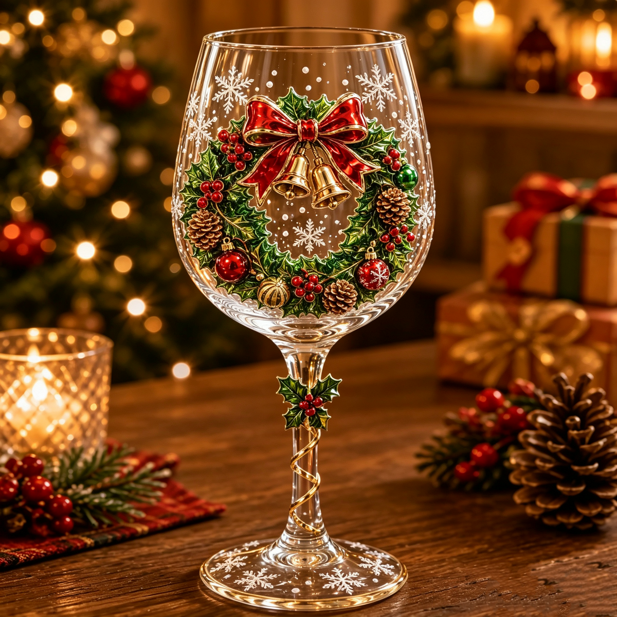 Holiday wreath 3D Christmas stemmed glass with red bow bells holly and pinecones